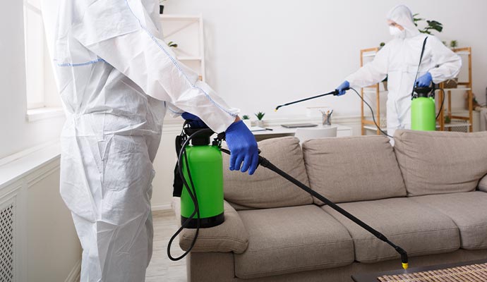 Professionals wearing hazmat suit performing disinfection service