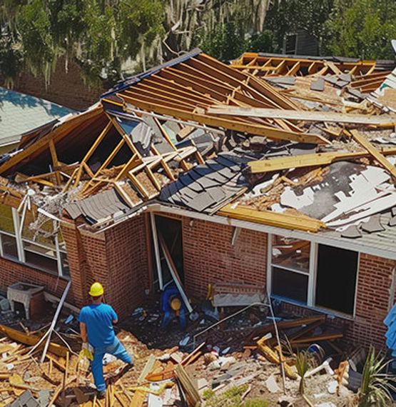Severe hurricane damaged house