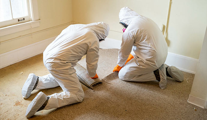 Biohazard cleanup technicians removing carpet