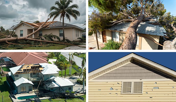 Collage of hurricane wind damage home exterior