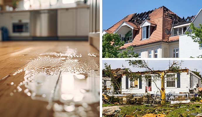 Collage of water, fire, and storm damaged residential properties