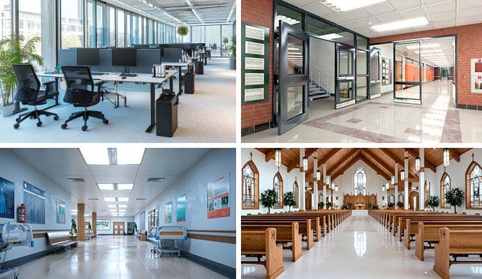Commercial facilities including an office, school hallway, hospital corridor, and church sanctuary