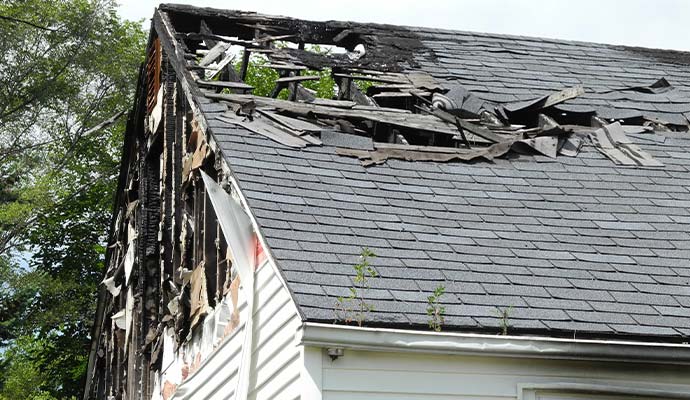 Fire-damaged residential roof with a burned hole and charred siding
