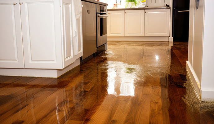 Kitchen water leak on wood floor