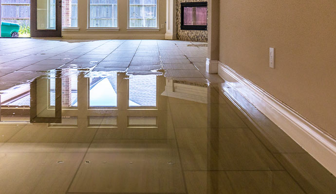 Living room tile floor water damage