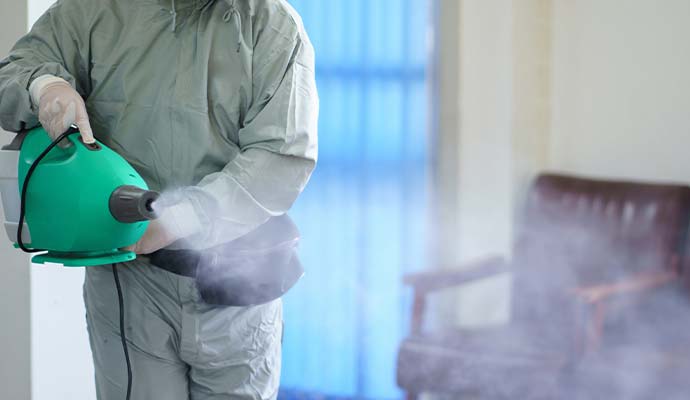 Technician using a fogging machine for smoke odor removal