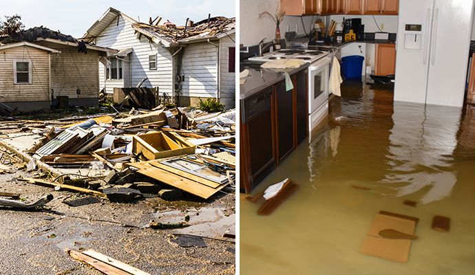 Collage of storm damaged property and flooded room