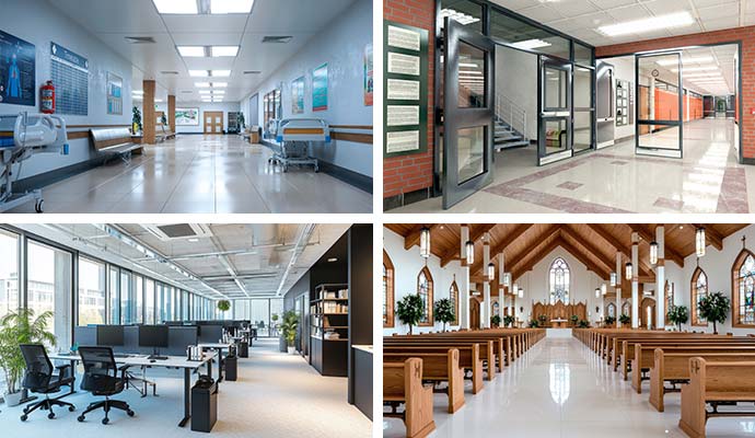 A collage showing healthcare, education, office and religious facility interiors