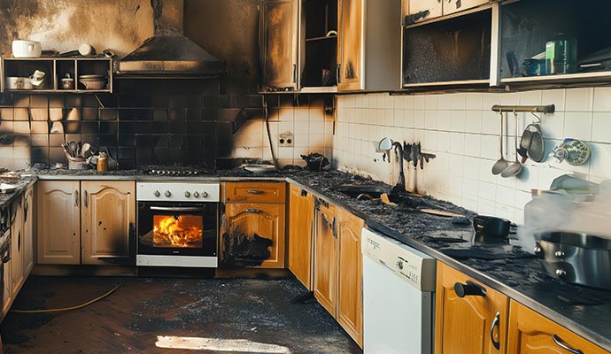 Interior of a kitchen destroyed by fire