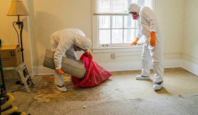 Professionals cleaning trauma wearing protective suits