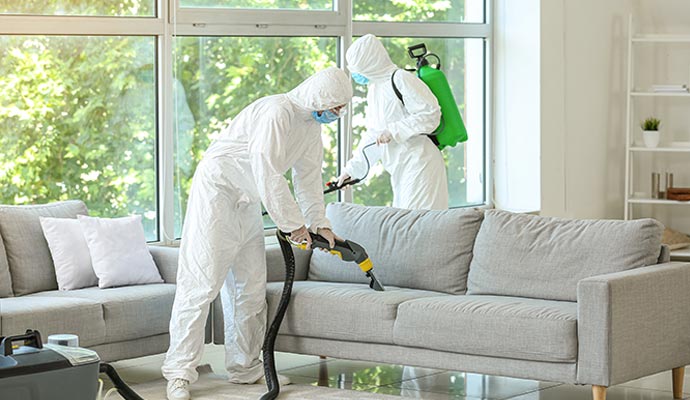 Two restoration professionals in white biohazard suits disinfecting a couch and living area