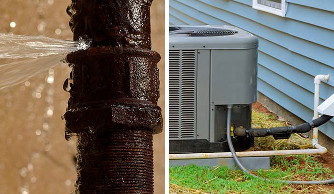 Burst plumbing pipe spraying water and an outdoor HVAC unit discharge line