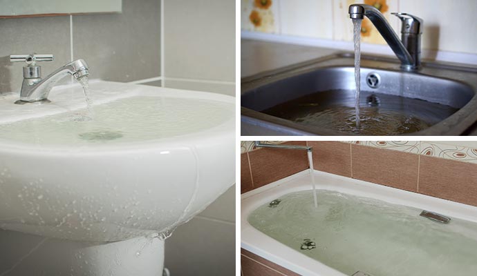 Collage of bathroom, kitchen sink, and tub overflow