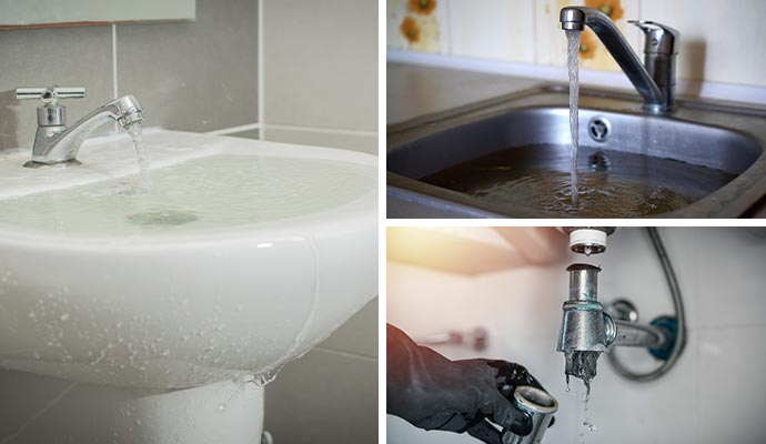 Collage of bathroom, kitchen sink overflow, and
              clogged drain cleaning
