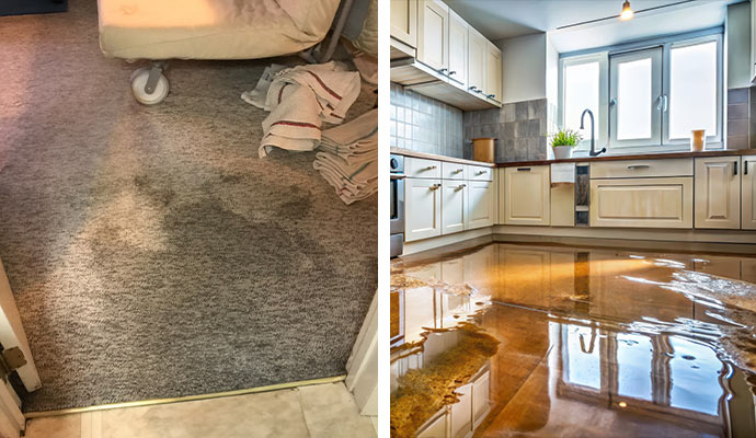 Collage of carpet stains and kitchen floor water damage