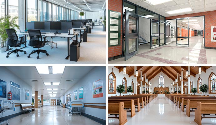 Collage of clean office, school, healthcare, and church