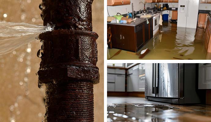 Collage of water leaking out from a broken water pipe, flooded room, and water leaking from refrigerator