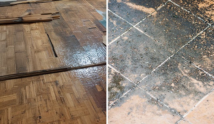 A collage of water-damaged wood and tile floor