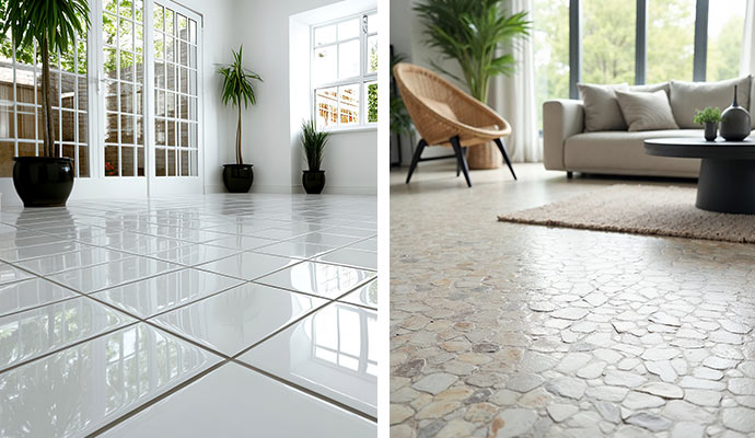 Collage of white ceramic tile and natural stone pebble flooring