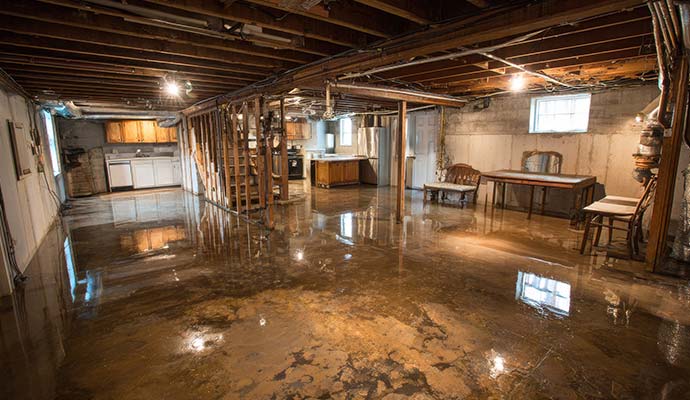 Flooded residential basement with standing water covering the concrete floor