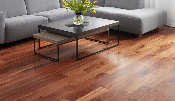 Modern living room with polished wood floor