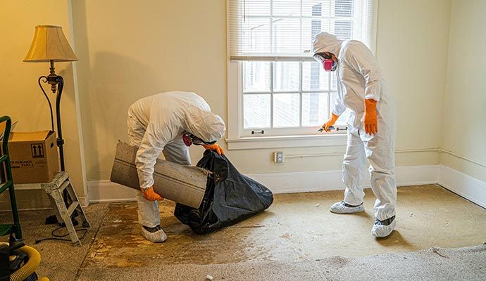 Professionals cleaning biohazard room wearing protective suits