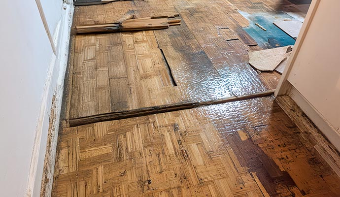 Water damaged parquet floor