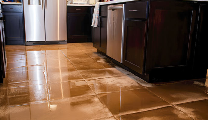 Water damaged tiled floor