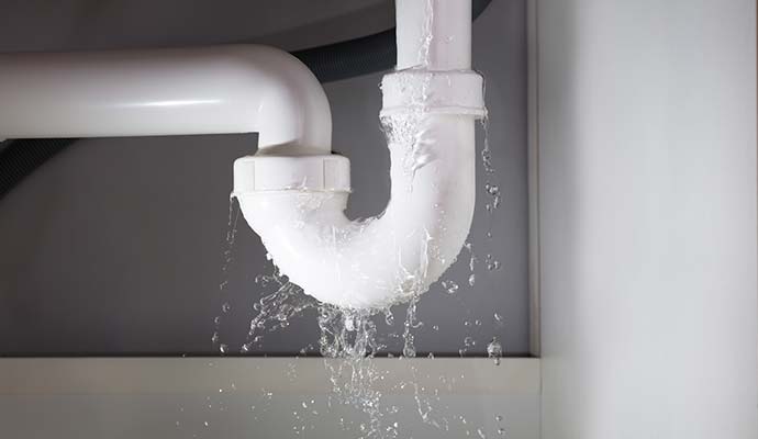 Water leaking and spraying from a plastic P-trap plumbing pipe
