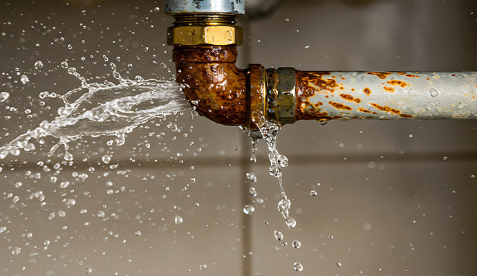 Water leaking from a burst pipe joint